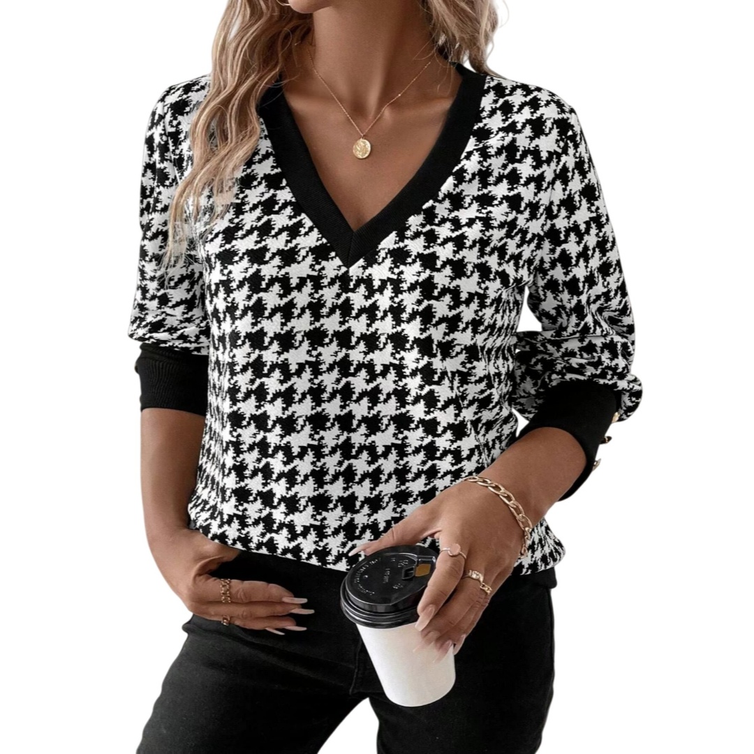 Womens V-Neck T-Shirt Elegant Long Sleeve Blouse Fashion Loose Outside Top